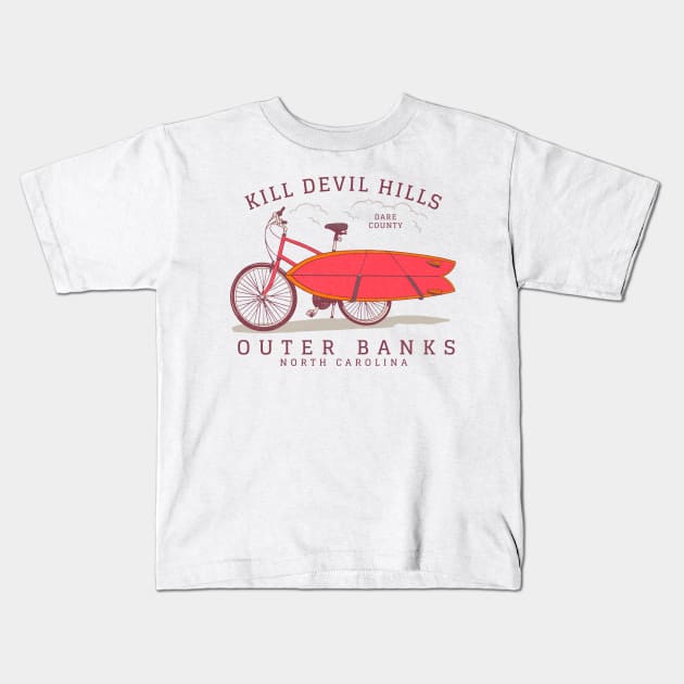 Kill Devil Hills, NC Summer Vacation Bike and Surfboard Kids T-Shirt by Contentarama